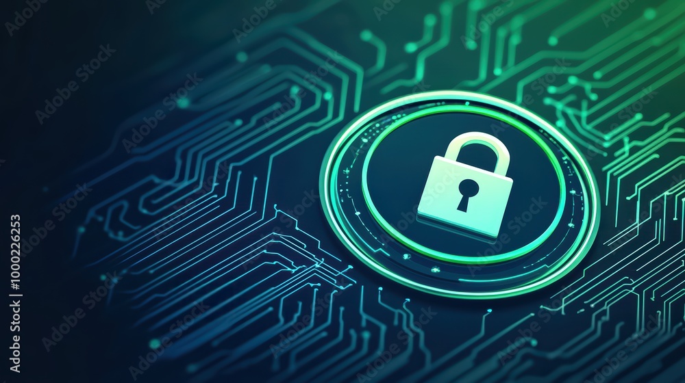 Aufkleber digital security concept with padlock symbol on circuit board background.