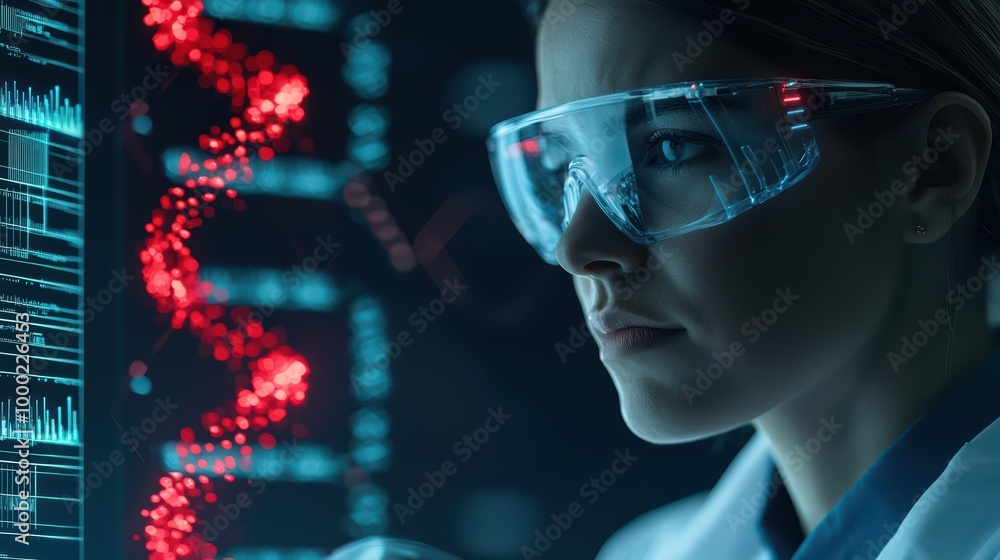 Aufkleber female scientist analyzing dna sequences with advanced technology in a laboratory setting.