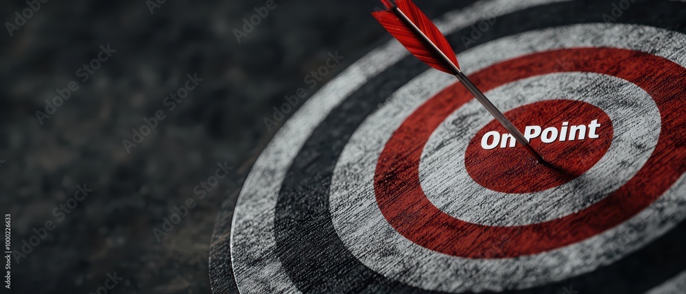 Poster focus and precision in achieving goals, featuring a dartboard with an arrow hitting the bullseye.