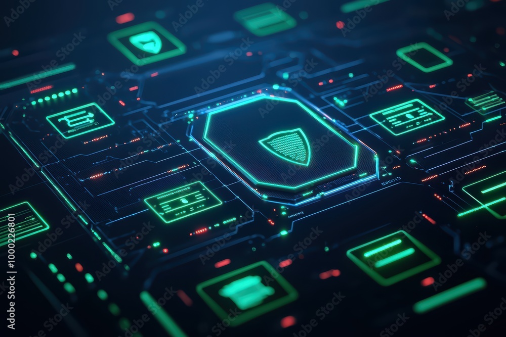 Poster futuristic digital security interface with glowing elements and vibrant colors.