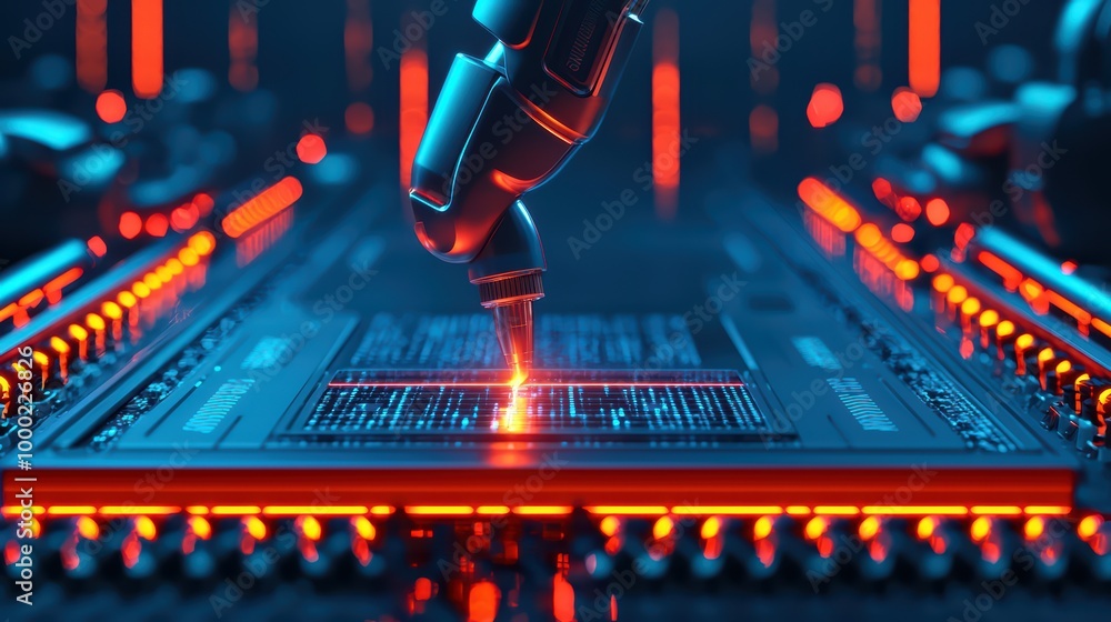 Poster futuristic robotic arm working on a computer chip in a high-tech environment.