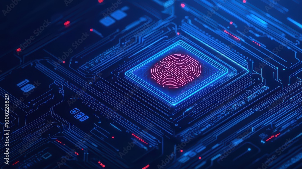 Poster futuristic microchip technology on a dark background with glowing circuit patterns.