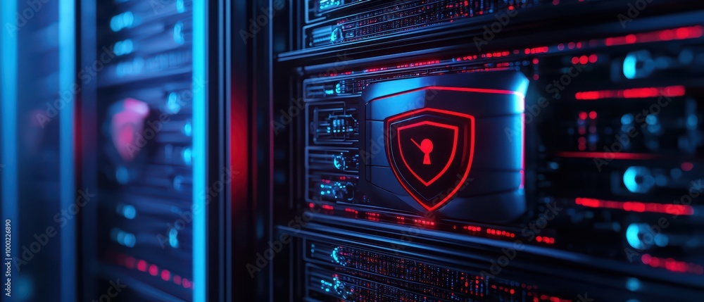 Poster futuristic server room showcasing secure data storage with illuminated network devices.