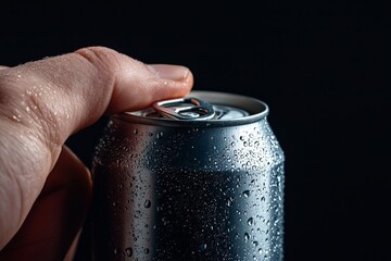 A shot of a hand opening a soda can, with the sound of fizz filling the air as the tab is pulled back