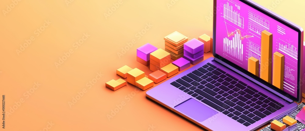 Poster laptop displaying colorful graphs and data with geometric shapes on an orange background.