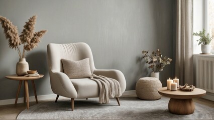 Modern Scandinavian home interior design features an elegant living room featuring a comfortable sofa, mid-century furniture, a cozy rug, wooden floor, white walls and houseplants.