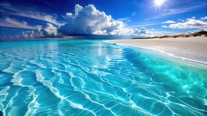 Beautiful Tropical Beach with Golden Sand and Crystal Clear Ocean Water, A Serene Coastal Paradise Perfect for Digital Graphic Design Projects and Backgrounds