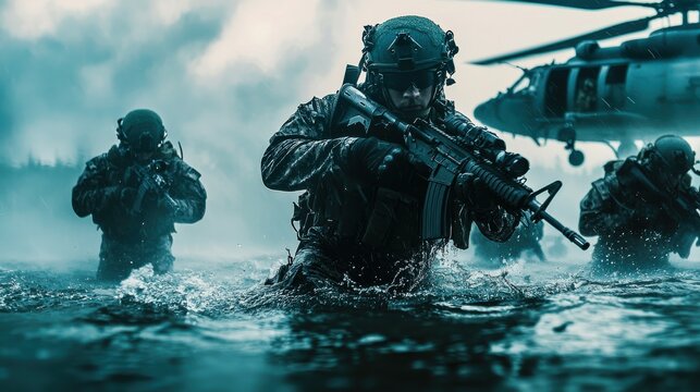 A group of Navy SEALs in full tactical gear, ready to deploy from a helicopter hovering over water. The scene captures the intensity and professionalism of elite military operations