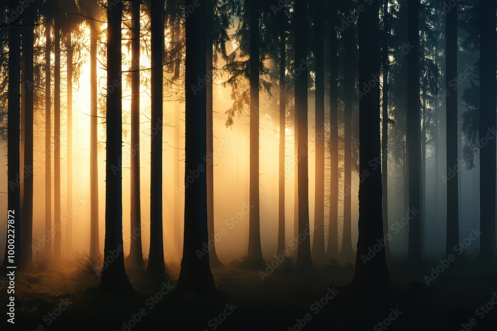 Poster mystical forest scene with sun rays filtering through tall trees, creating an enchanting atmosphere.