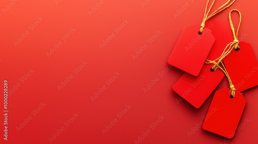 Poster red price tags with strings on a vibrant red background, ideal for sales and promotions.