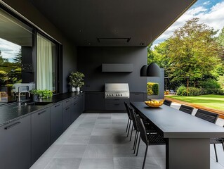 Obraz premium Modern outdoor kitchen with black granite countertops, minimalist cabinetry, and a sleek dining area, modern design, outdoor entertaining space