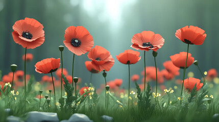 Fototapeta premium drawn red poppies on green grass background, remembrance day, poppy day, november 11, symbol of memory of world war 1, floral illustration in flat style