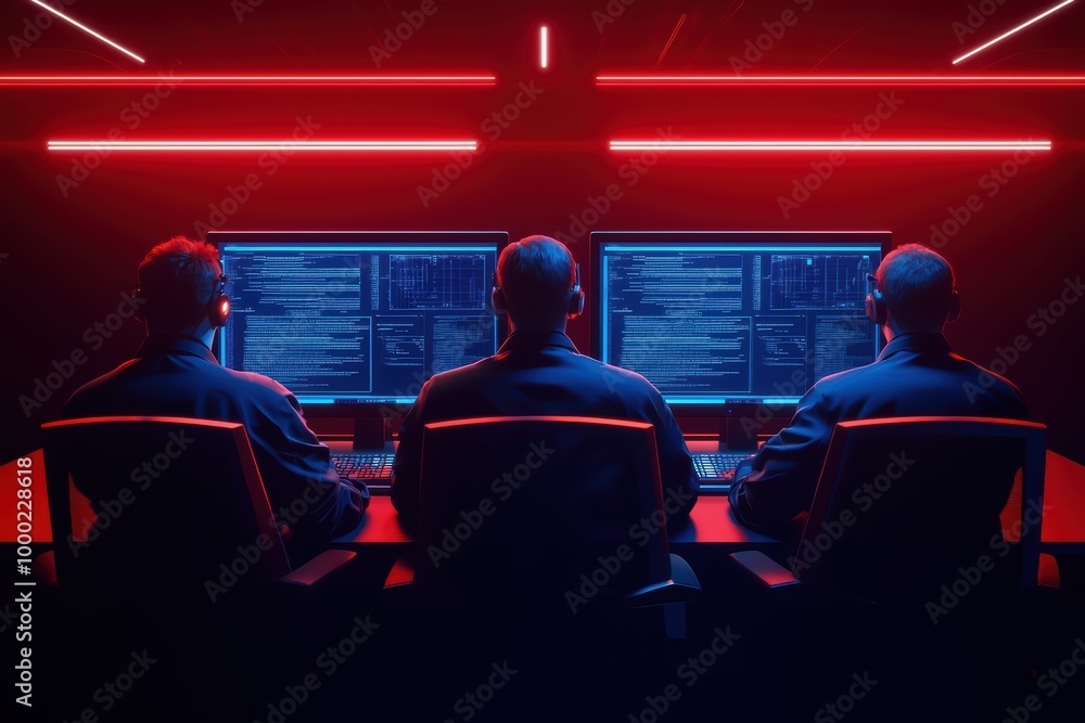 Poster three individuals working on computers in a high-tech environment with red lighting.