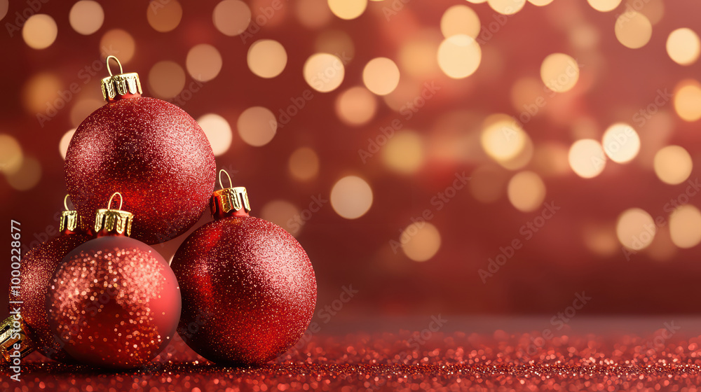 Poster three sparkling red christmas ornaments on a shimmering red background with soft bokeh lights.