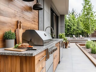 Spacious outdoor kitchen with granite countertops, built-in grill, and modern wood cabinetry, modern outdoor design, functional space