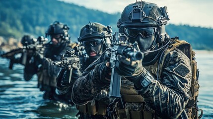 A group of Navy SEALs in full tactical gear, ready to deploy from a helicopter hovering over water. The scene captures the intensity and professionalism of elite military operations