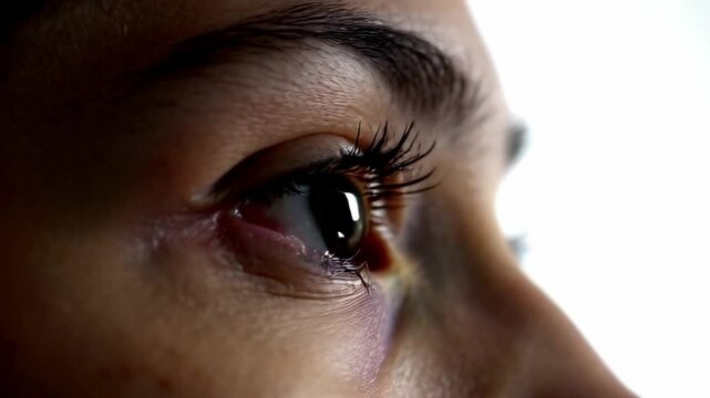 Side angle capture of eye curvature and pupil movement or Extreme close-up of iris opening in slow motion or Side view of eye curvature and pupil dilation