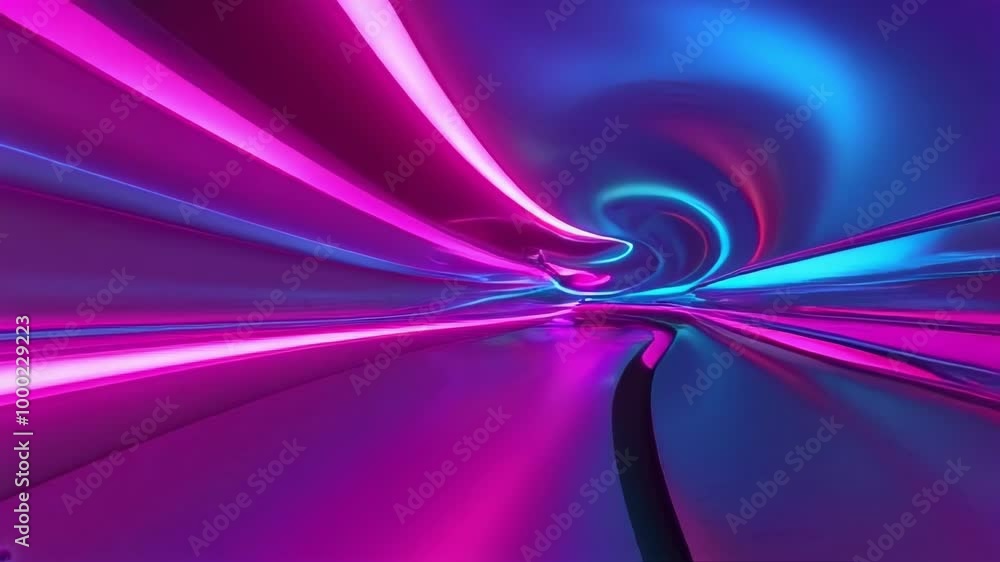 Poster abstract tunnel with purple and blue neon lights. the tunnel is made of a reflective material and ap