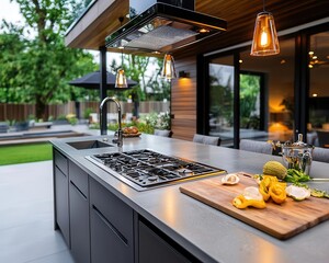 Outdoor kitchen with polished concrete countertops, dark wood cabinets, and modern lighting for ambiance, luxury design, modern outdoor space