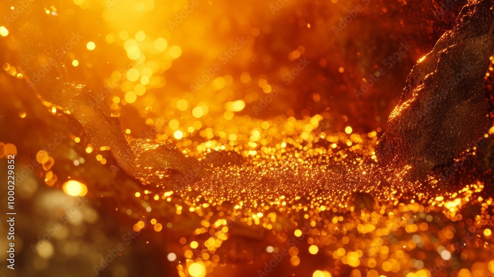 Poster a stunning image of golden particles, softly illuminated with glowing light and blurred bokeh. the a