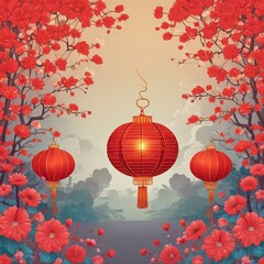 Vibrant Red Chinese Lanterns Illuminated Against Web Illustration Background