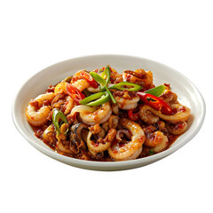 Tasty spicy shrimp stir-fry with crisp veggies, topped with green onions and red chilies, presented in a white dish against a clear backdrop