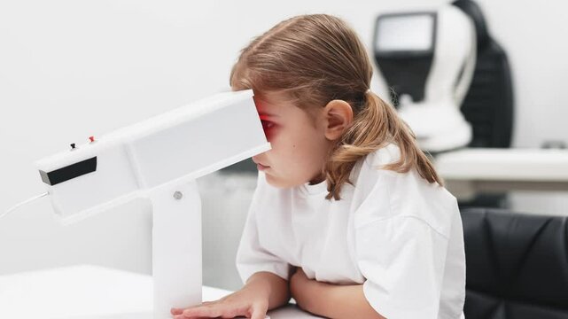 A girl participates in an engaging vision enhancement therapy using cutting-edge equipment. This laser treatment aids in restoring and developing visual skills.