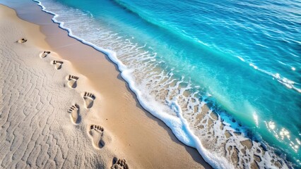 Beautiful Tropical Beach with a Foot Print in the Golden Sand and Crystal Clear Ocean Water, A Serene Coastal Paradise Perfect for Digital Graphic Design Projects and Backgrounds
