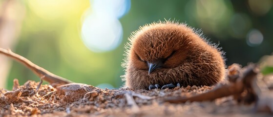  A small bird perches atop a mound of dirt, with a verdant, leafy tree looming in the background