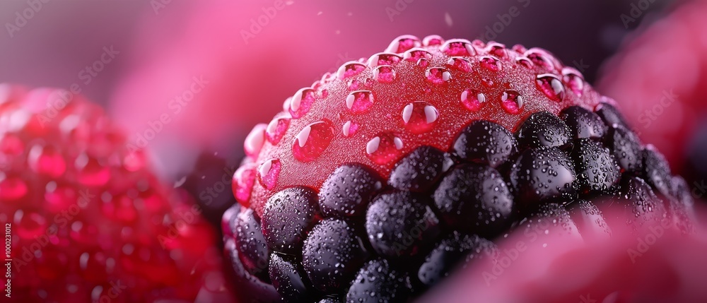 Wall mural  A tight shot of a strawberry, adorned with dewdrops at its peak and tip