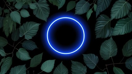 Blue glowing circle with leaves. Generative Ai.