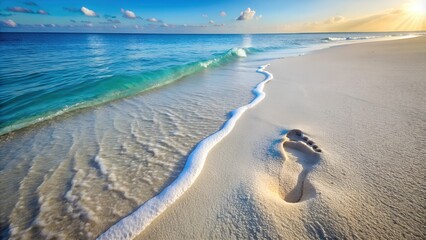 Beautiful Tropical Beach with a Foot Print in the Golden Sand and Crystal Clear Ocean Water, A Serene Coastal Paradise Perfect for Digital Graphic Design Projects and Backgrounds