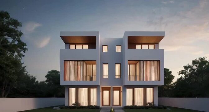 a facade architecture of a familiar duplex house. The fachada should have a minimalist style, inspiring the architecture