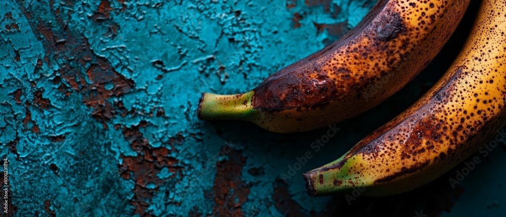 Canvas Prints  A couple of bananas on a blue-green surface next to peeling paint