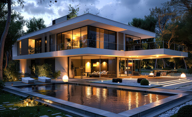 Fototapeta premium Large house with a large open living room and a balcony. The house is lit up at night, giving it a warm and inviting atmosphere