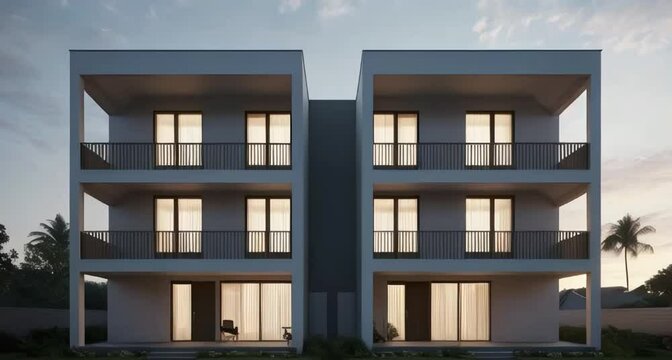 a facade architecture of a familiar duplex house. The fachada should have a minimalist style, inspiring the architecture