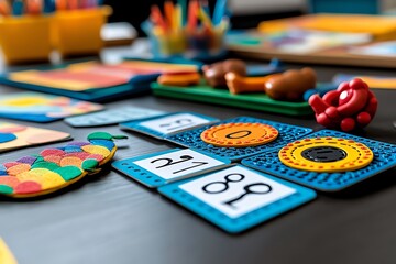 Fototapeta premium Printed flashcards with letters and numbers, arranged in a colorful, educational display on a classroom table, helping children learn basic skills