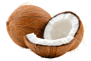 Coconut in half, showcasing the white flesh inside against isolated on transparent background.