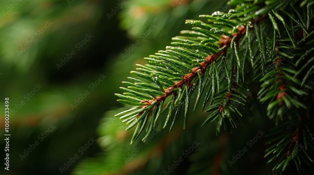 Canvas Prints  A tight shot of a pine tree branch, adorned with water beads on its needles, against a soft, out-of-focus backdrop