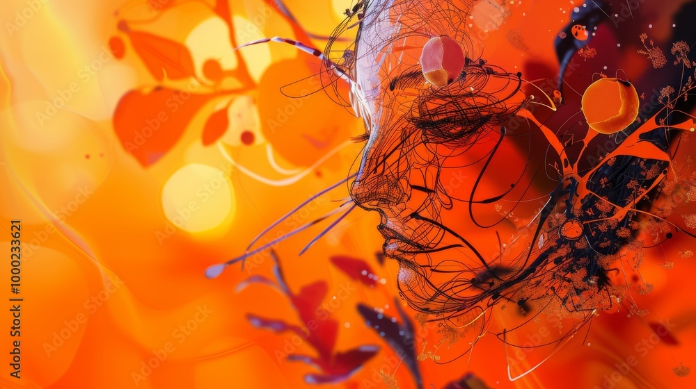 Poster a conceptual digital artwork of a human face enveloped in an explosion of abstract orange and red li