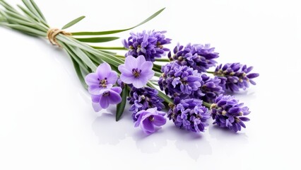 A bouquet of lavender flowers arranged on a white surface, showcasing their beauty and fragrance.