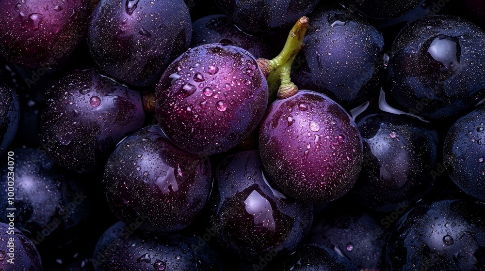 Poster  A tight shot of several plums, with water droplets clinging to their surfaces above and below