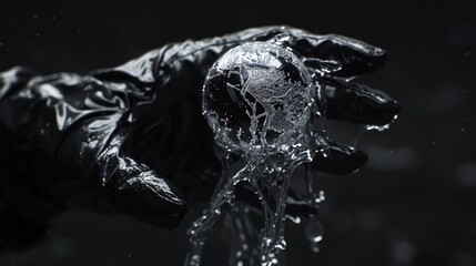 Hand Holding a Melting Ice Sphere in Dark Background