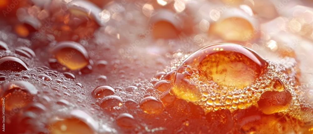 Poster  A tight shot of water droplets on a surface, illuminated by a red and yellow light in their midst