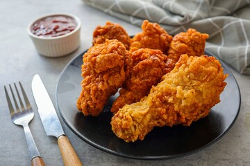 Crispy Fried chicken with tomato sauce  in  black plate  on grey background , 