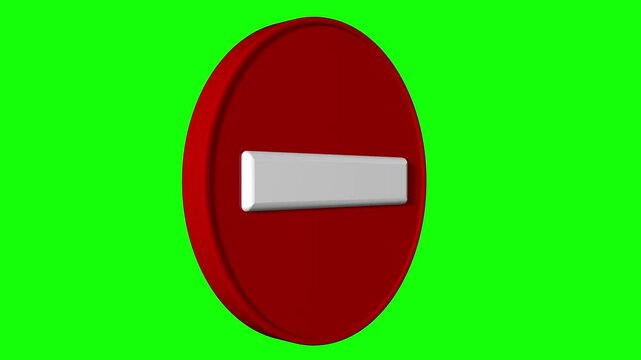 A 3D red rotating disc with a white minus sign on a chroma key background. Ideal for use in finance, health, or error-related video projects. The smooth motion and clean design make it easy to integra