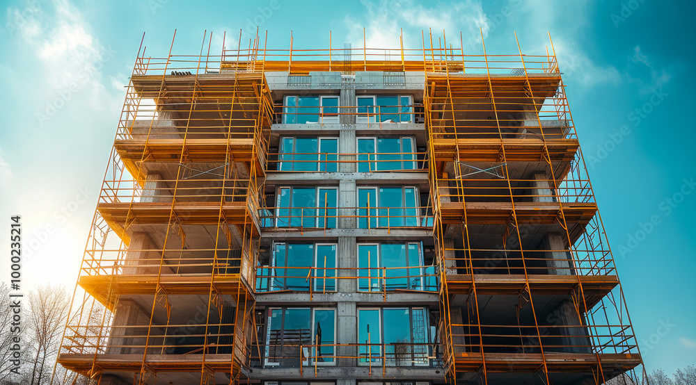 Poster a building under construction with scaffolding and a blue sky in the background. the building is tal