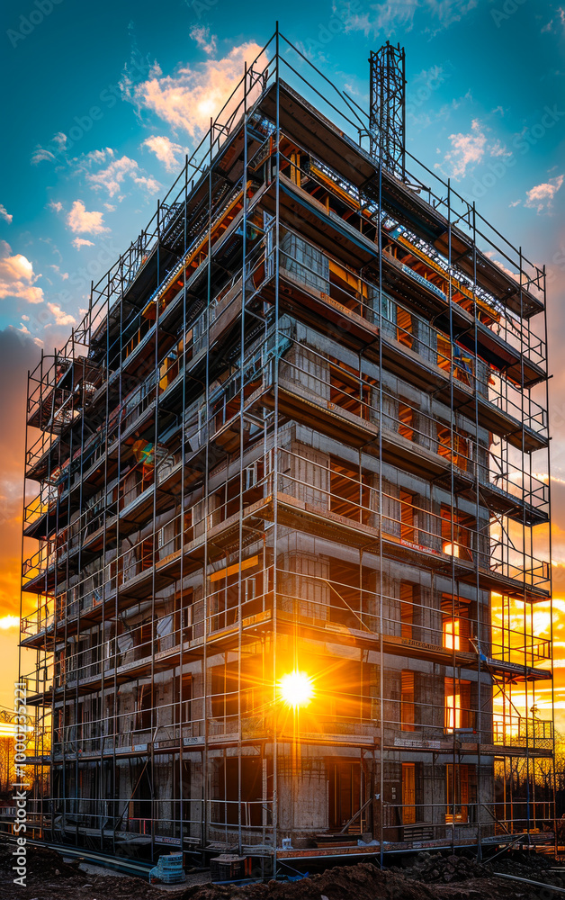 Poster a large building with scaffolding and a sun shining on it. the building is under construction and he