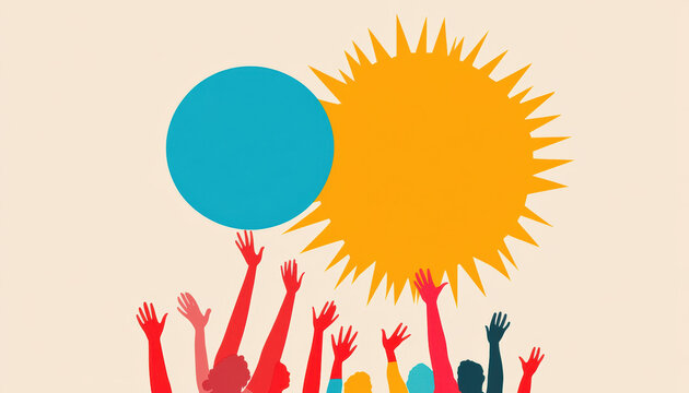 Reaching out towards bright sun and blue circle, this vibrant illustration symbolizes unity and aspiration. diverse group of hands expresses hope and connection