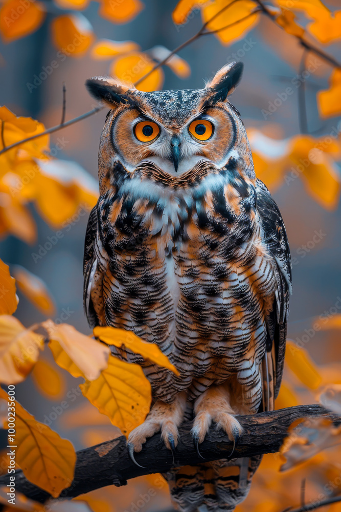 Poster a large owl is perched on a branch in a forest. the owl's eyes are open and it is looking at the cam